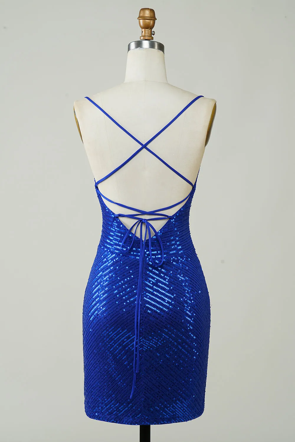 Abito da ritorno a casa corto con paillettes blu royal con spalline aderenti scintillanti