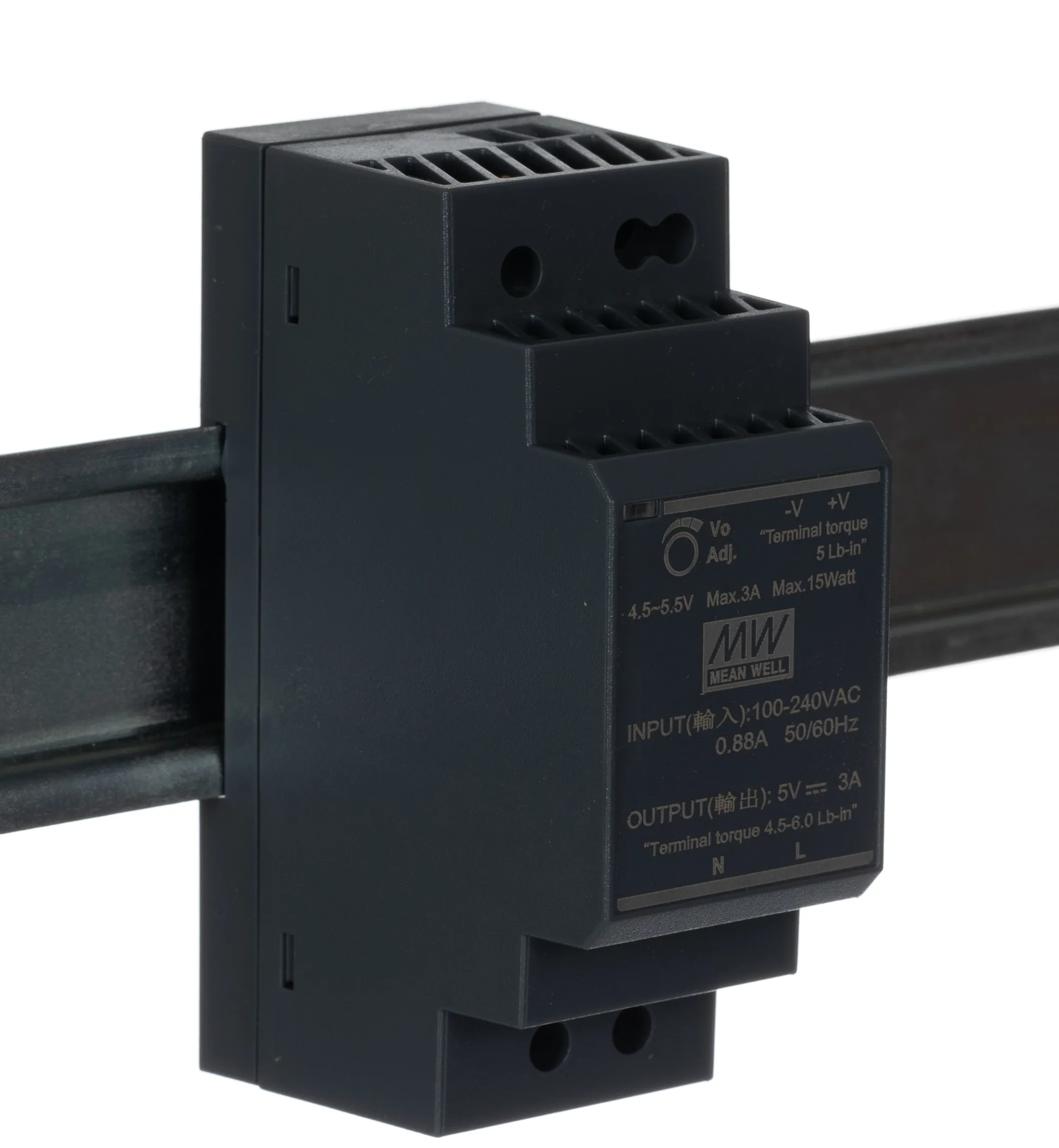 Alimentatore a montaggio su guida DIN MEAN WELL, 5V cc, 3A, 85 → 264 V ac, 120 → 370V cc, 15W