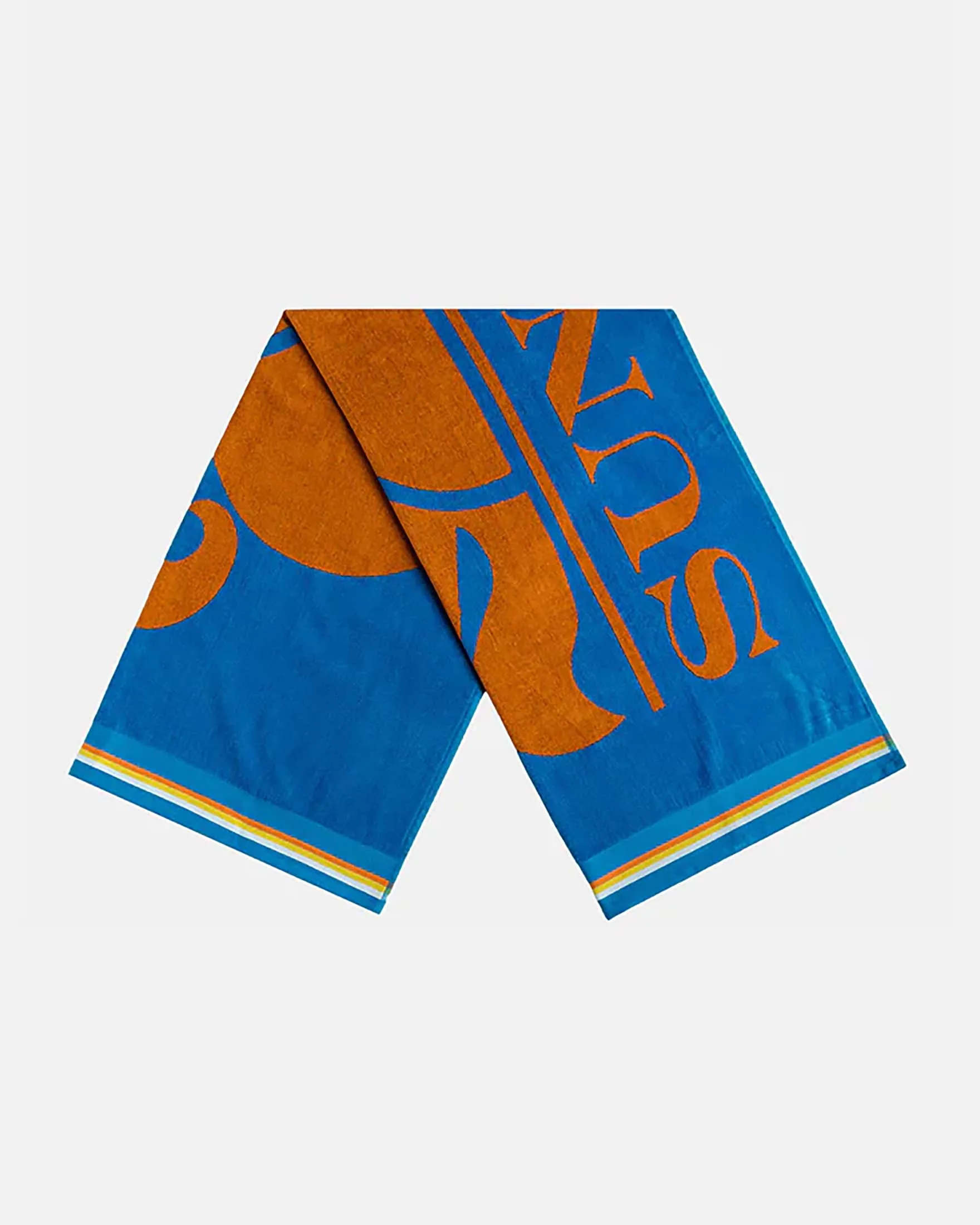 Blue sea sponge towel with orange sun logo jacquard.