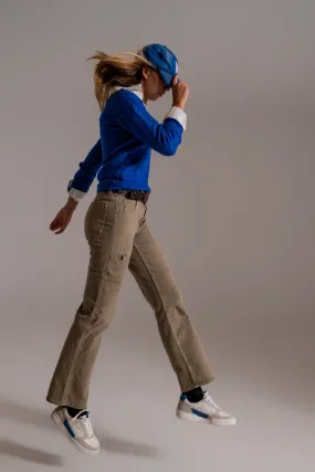 Brown beige straight leg cargo pants.
