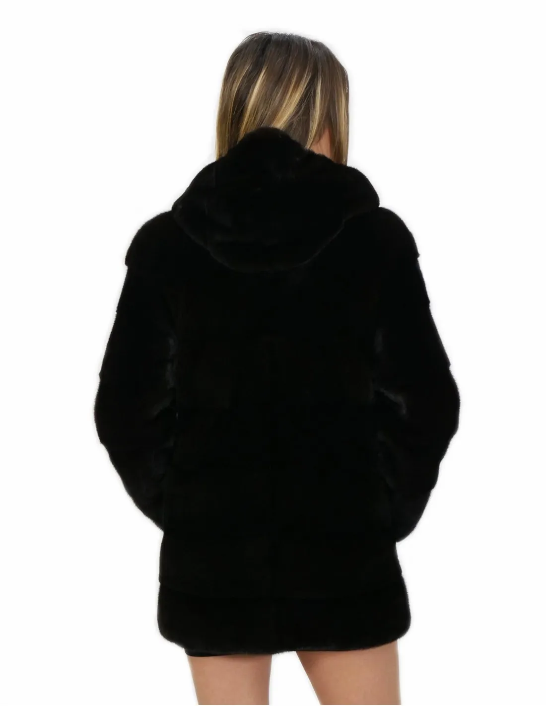 Cappottino nero in visone orizzontale con cappuccio 48 lungo 72 centimetri con tasche esterne 