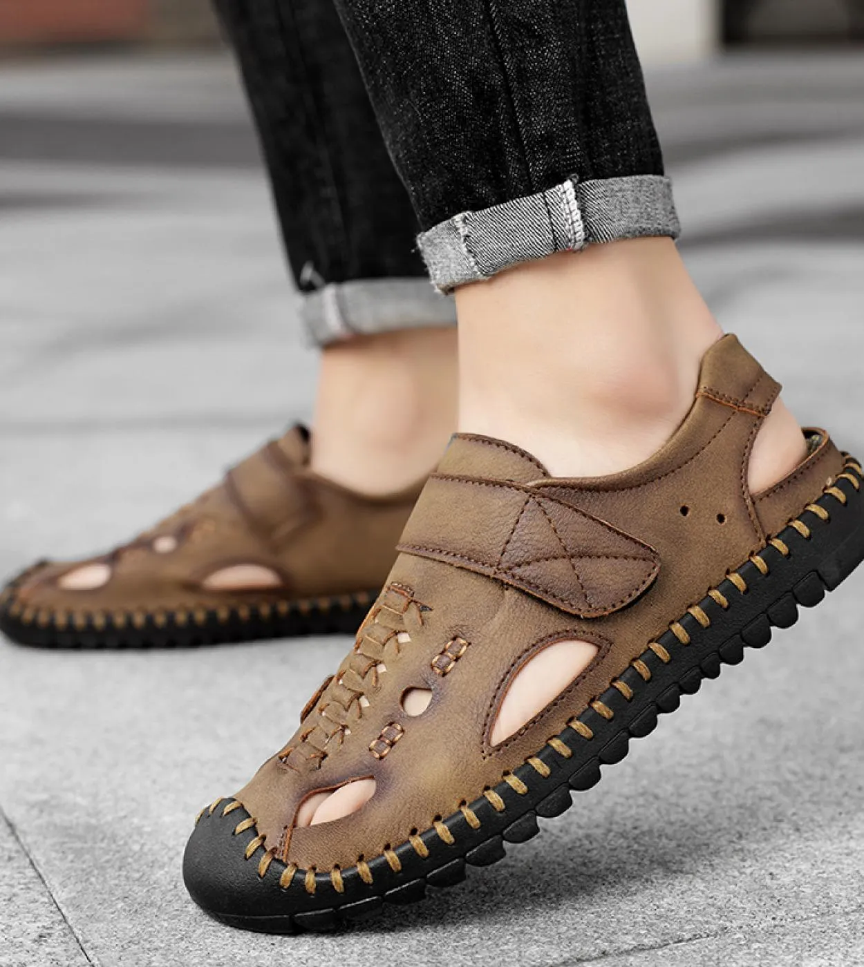 Handmade Leather Men's Sandals Summer Beach Slippers Roman Open-Toe Sandals