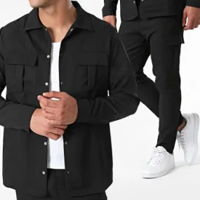 Long sleeve black shirt and cargo pants.