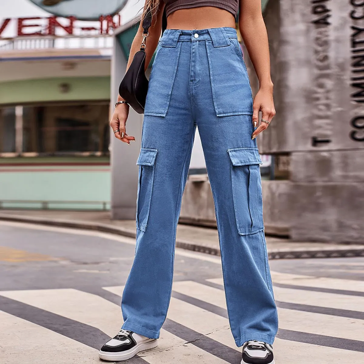 Black Denim Cargo Pants Women Straight Leg High Waisted Wide Leg Street Style Fashionable Women's Pants Sizes