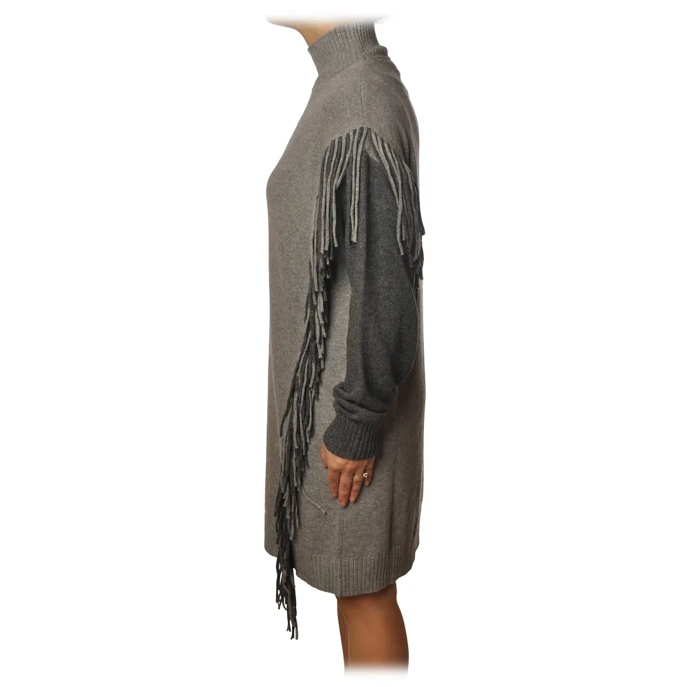 Pinko - Abito Miraggio Collo a Lupetto con Frange - Grigio Perla - Abito - Made in Italy - Luxury Exclusive Collection